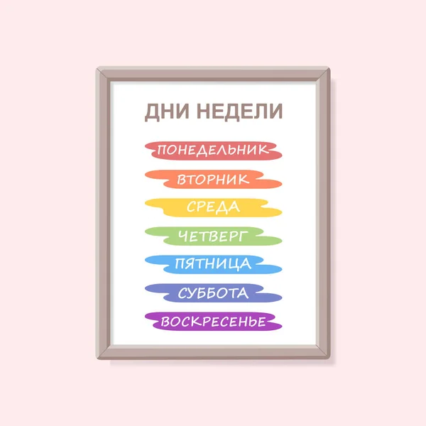 Vzdělávací Plakát Názvy Dní Týdnu Duhovém Pozadí Ruštině Kreslený Plochý — Stockový vektor