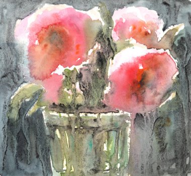 Bir saksı çiçekli suluboya resim ve suluboya lekeli bulanık gri ve mavi arkaplanda empresyonizm tarzında üç çiçek. 