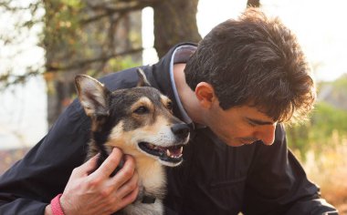 Güneşli bir günbatımının bulanık ışınlarıyla çevrili, sahibinin yanında oturan köpeğin mutlu ağızlık sesi. 
