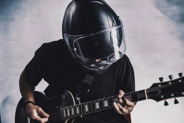 Man Motorcycle Helmet Playing Electric Guitar Dark Background — Stock Photo, Image