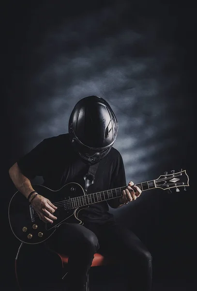 Man Motorcycle Helmet Playing Electric Guitar Dark Background — Stock Photo, Image