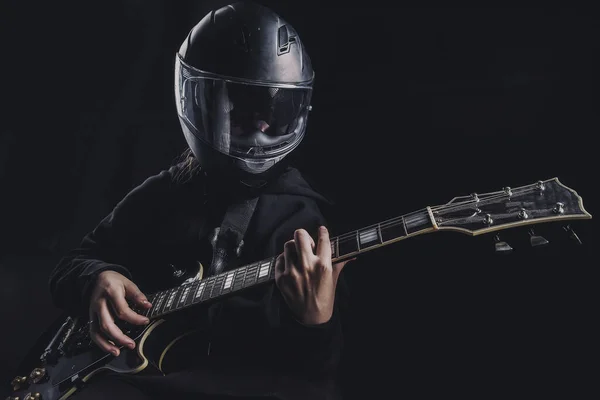 Girl Black Sweatshirt Motorcycle Helmet Plays Electric Guitar Dark Background — Stock Photo, Image