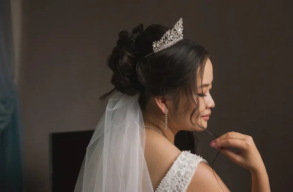 一个有着亚洲血统 背景暗淡的新娘的画像 图库图片