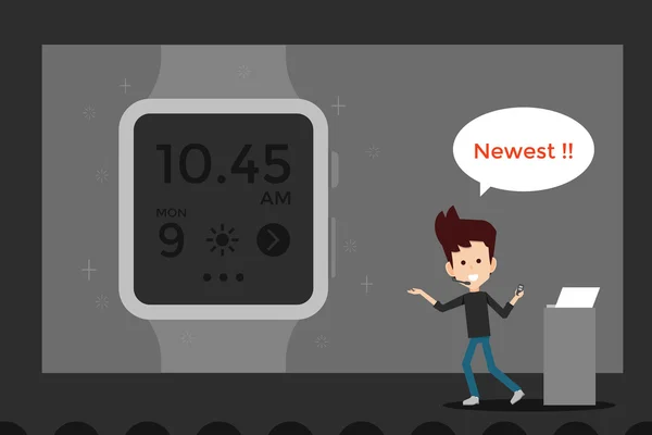 Homem apresentando Smartwatch na tela —  Vetores de Stock