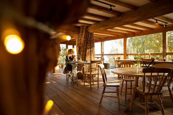 Bedachtzame Vrouwelijke Kleine Ondernemer Werkt Cafe — Stockfoto