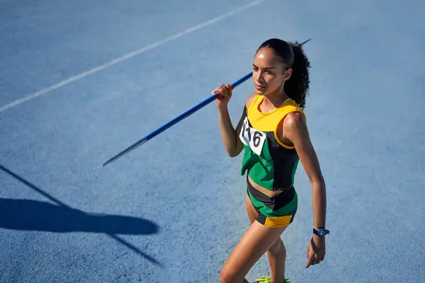 Female Track Field Athlete Preparing Throw Javelin Track — Stock Photo, Image