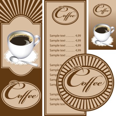 Set for the cafe menu, business card and coasters for drinks. clipart