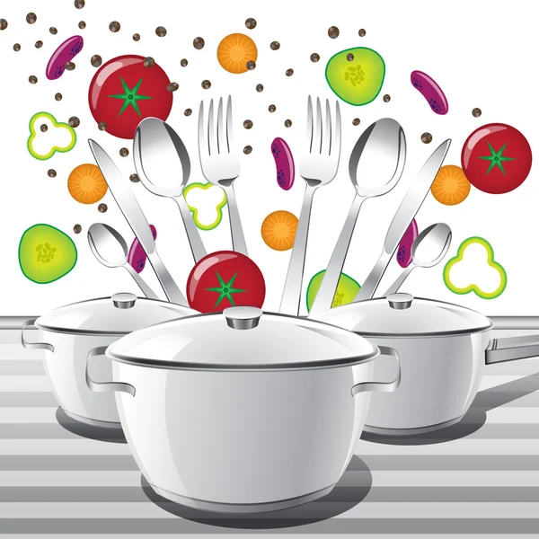 Ensemble de casseroles et cuillères à thé, cuillères, fourchettes et couteaux . — Image vectorielle