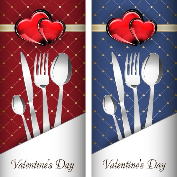 St. valentine's day. twee kaarten met glas rode en gouden hart op prachtige achtergrond — Stockvector