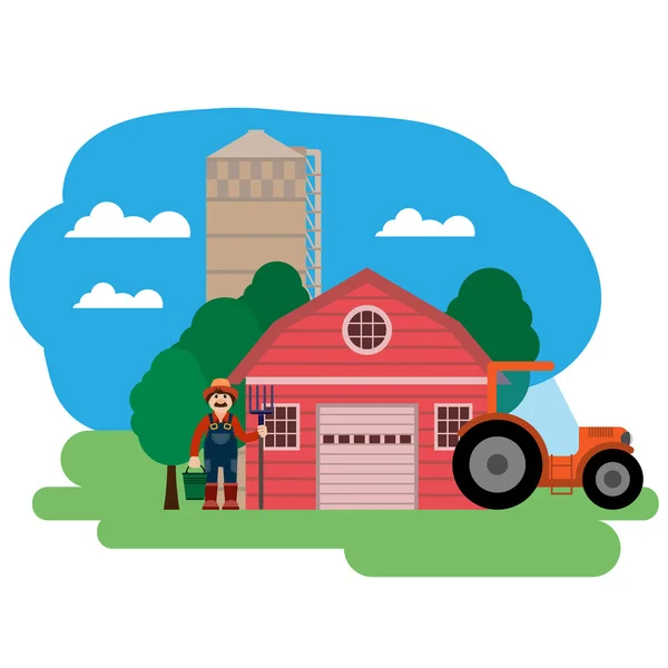 Vektoros illusztráció farm. Mezőgazdasági termelő és a traktor. — Stock Vector