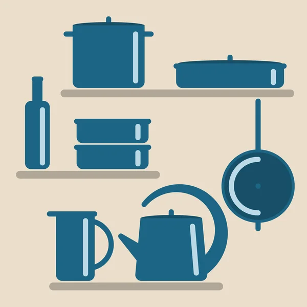 Ilustração vetorial com prateleiras de cozinha e utensílios de cozinha . — Vetor de Stock