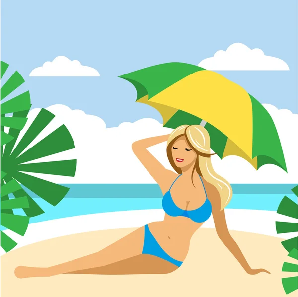 Hot girl on a beach under umbrella. — Stock Vector