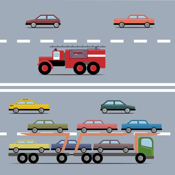 Conjunto de transporte colorido. Diferentes tipos de automóvel em uma estrada . Ilustrações De Stock Royalty-Free