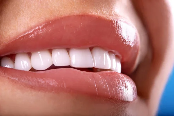 Perfect Close Sensual Sexy Seductive Plump Lips Woman Smile White — Stock Photo, Image