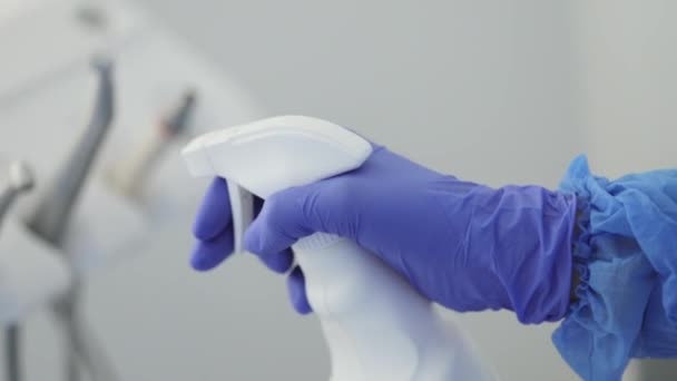 Medical Assistant Sanitizing Dentist Tools Disinfectant Fight Corona Virus Women — ストック動画