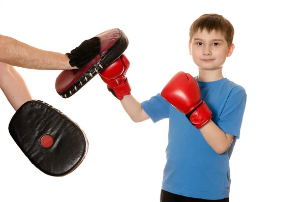 Menino em luvas de boxe em um fundo branco — Fotografia de Stock