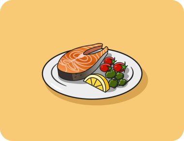 Beyaz tabakta servis edilen domates, limon ve sebzeli ızgara balık bifteği, vektör tasarımı ve izole edilmiş arka plan..