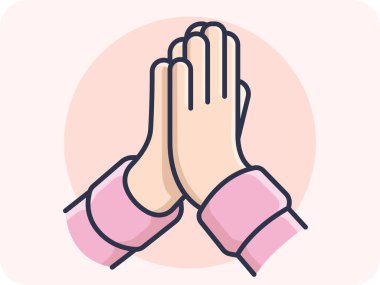El hareketleri iki elini de birbirine yaklaştırır. Lütfen ya da teşekkür etmek için kullanılır ve bazen üzüntü ve pişmanlıkları ifade etmek için kullanılır, emoji, vektör tasarımı, ikon, düz tasarım.