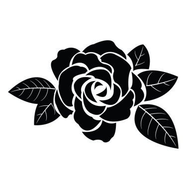 Black silhouette of rose with leaves clipart