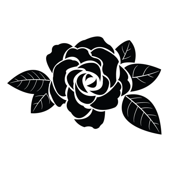 Schwarze Silhouette der Rose mit Blättern — Stockvektor