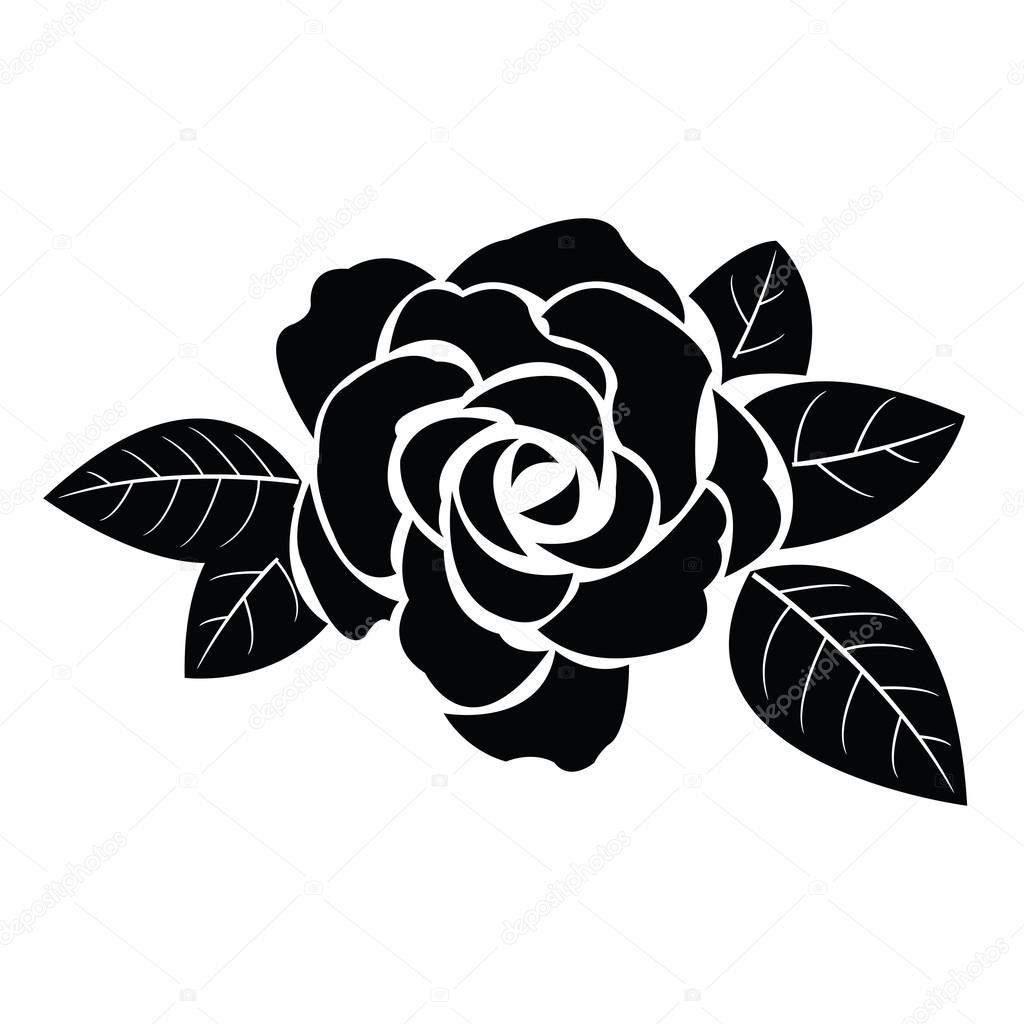 Black silhouette of rose with leaves