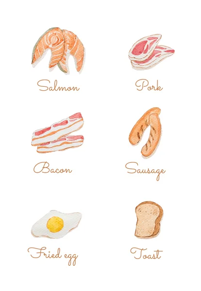 Lukisan tangan berwarna air ^ Salmon, Pork, Bacon, Sausage, Fried egg and toast isolate on white background . — Stok Foto