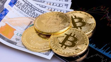 ABD Doları Bankası ve Bitcoin yatırım yapıyor. Arkaplanda hareket eden para grafiği ile yatırım yapıyorlar. Kripto para birimi ve blok zinciri teknolojisi için kavramsal tasarım.