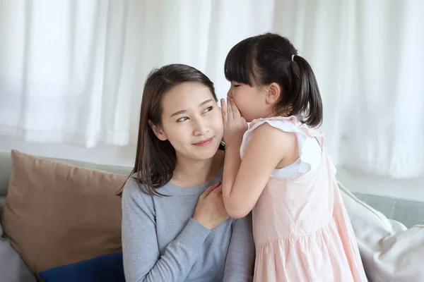 Asian Mother Feel Happiness Playing Her Cute Daughter Love Care — Stock Photo, Image