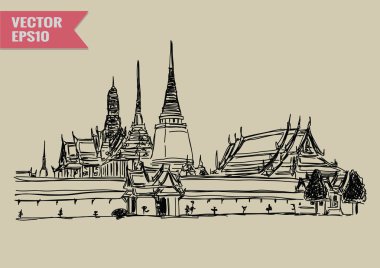 Free hand sketch World famous landmark collection : Grand Palace - Wat Phra Kaew, Bangkok Thailand.