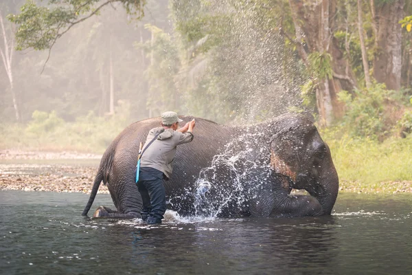 Um homem mostra brincando com um elefante em um rio em Sangkhlaburi, Kanjanaburi, Tailândia — Fotografia de Stock