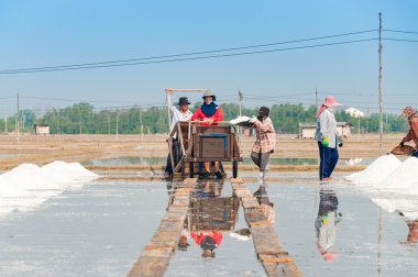 Unidentified workers carrying salt at salt farm