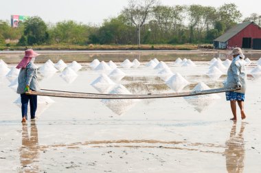 Kimliği belirsiz işçi tuz tuz çiftliğinde Mart 07, 2010 Chonburi Tayland'da taşıyor. Chonburi Tayland ana sanayi alanındadır