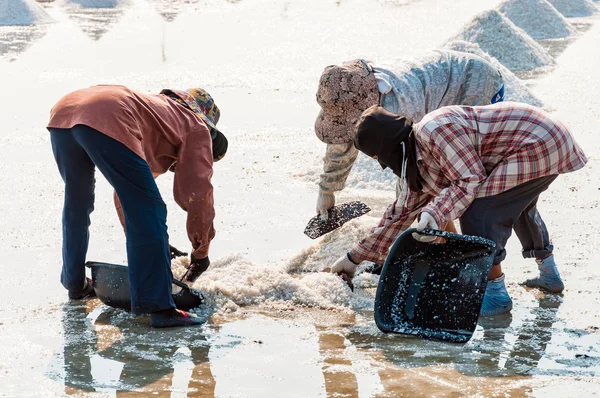 Unidentified workers carrying salt at salt farm on March 07, 2010 in Chonburi Thailand. Chonburi is the main industrial area in Thailand — Stock Photo, Image
