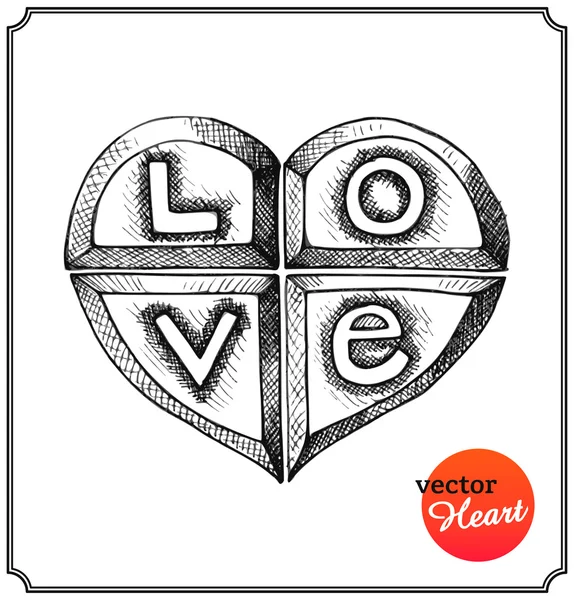 Metallic heart engraved with letters in a sketch style — Stock Vector