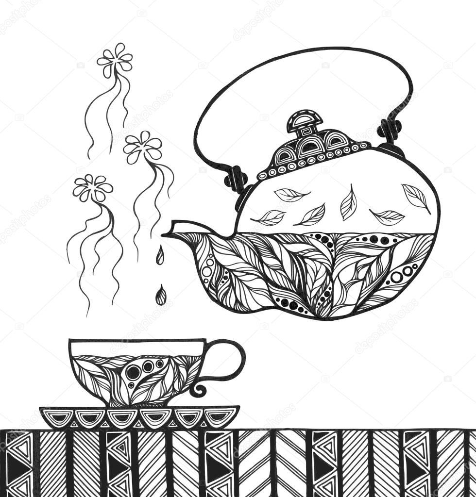 Teapot and cup with steam standing on table
