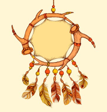 Ethnic dream catcher from two elks horns with feathers clipart
