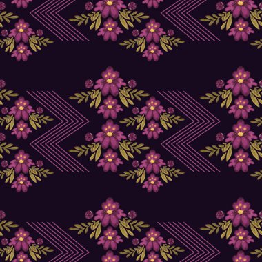 Mor çiçekli kusursuz sınır deseni, parlak böğürtlenler, yeşil yapraklar ve koyu arkaplanda geometrik çizgiler. Tekstil veya dekor için ideal