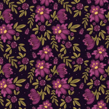 Morumsu çiçekleri, parlak böğürtlenleri, yeşil yaprakları ve arka planda uğur böcekleri olan tuhaf, pürüzsüz bir desen. Kumaş ve deco için mükemmel