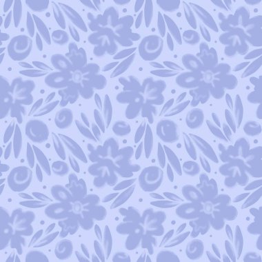 Açık mavi bir tabanda yumuşak mor çiçekler, yapraklar ve böğürtlenlerle sanatsal kusursuz çiçek deseni. El boyası, rüya gibi, romantik bir dokunuş, kırtasiye malzemesi, giysi ya da ev dekorasyonu için uygun..