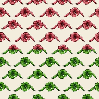 Yumuşak bej arkaplanda kırmızı ve yeşil yay desenleri var. Hediye paketi, davetiye ya da aşk ve kutlama için ilham veren romantik bir dekor..