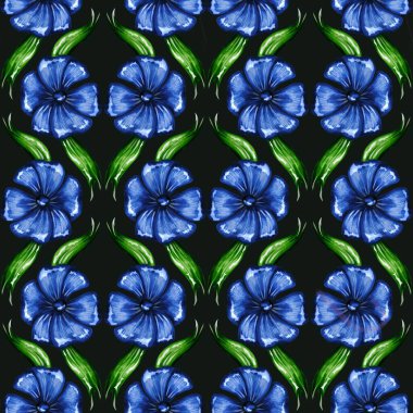 Keskin siyah bir zemin üzerinde yeşil sarmaşıklarla sarmalanmış, pürüzsüz mavi çiçek motifi. Giysiler, ev dekorasyonu ya da sanatsal baskılar gizem ve doğal güzellikleri yakalamak için birebirdir..