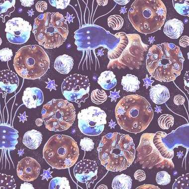 Çikolatalı çörekler, denizanaları, yıldızlar ve karanlık yıldızlı arka planda girdaplar içeren tuhaf, pürüzsüz desenler. Eğlenceli gurme baskıları, çocuk dekorasyonu ya da uzay temalı tasarımlar için ideal.