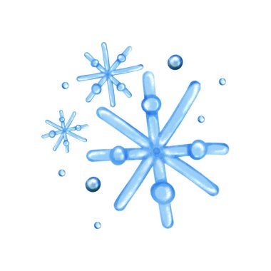 3D efektli parlak mavi kar taneleri, Noel ve Yeni Yıl için elle çizilmiş kış süslemeleri