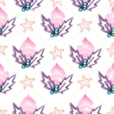 Pembe Noel süslemeleri, kutsal yapraklar ve beyaz arka planda pastel yıldızlar olan şenliksiz desen.