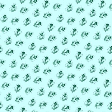 Basit ve zarif el çizimi, pastel yeşil arka planda lale çiçeklerinin kusursuz deseni.