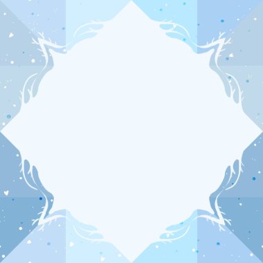 Yumuşak bir pastel mavi eğimli arka plan, zarif buzlu dal tasarımları ve dağınık noktalarla süslenmiş merkezi beyaz elmas şekilli bir çerçeve, sakin bir kış havasını çağrıştırıyor..