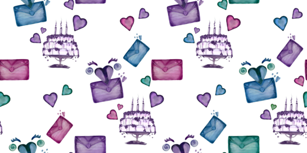 Mumlu doğum günü pastaları, süslü zarflar, yüzen kalpler ve girdaplar içeren, neşeli ve neşeli bir kutlama havası yakalayan tuhaf, pürüzsüz desenler.