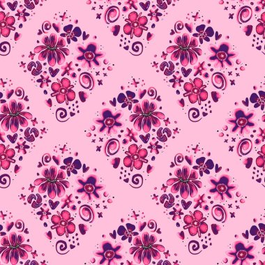 Pembe ve mor papatyaları, kalpleri, girdapları, yıldızları ve parlak pembe temelde küçük çiçekleri içeren oyuncu tekrarlayan desen. Eğlenceli, romantik bir şekilde elle boyanmış, yaz tekstil ürünleri, duvar kağıtları veya gençlik ambalaj tasarımları için ideal..