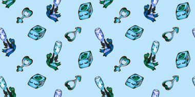 Erkek ve kadın sembolleri, şampanya bardakları ve zarlarla mavi tonlarda desen