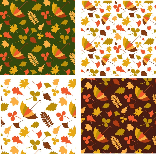 Four autumn seamless patterns with seasonal leafs and objects — Stock Vector